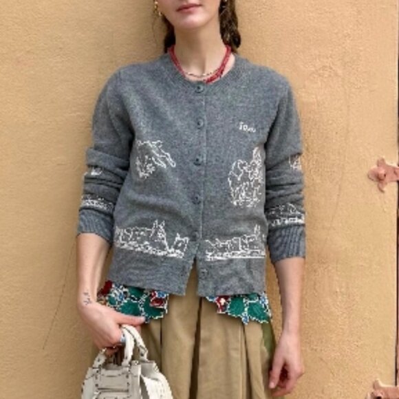 Classic Sea New York Edin Cardigan Small Gray Grey Knit Embroidered Wool - Picture 6 of 16